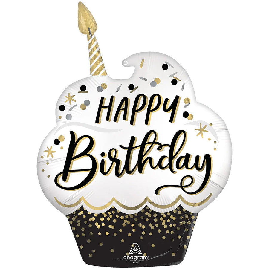 Black and White Happy Birthday Cupcake Balloon